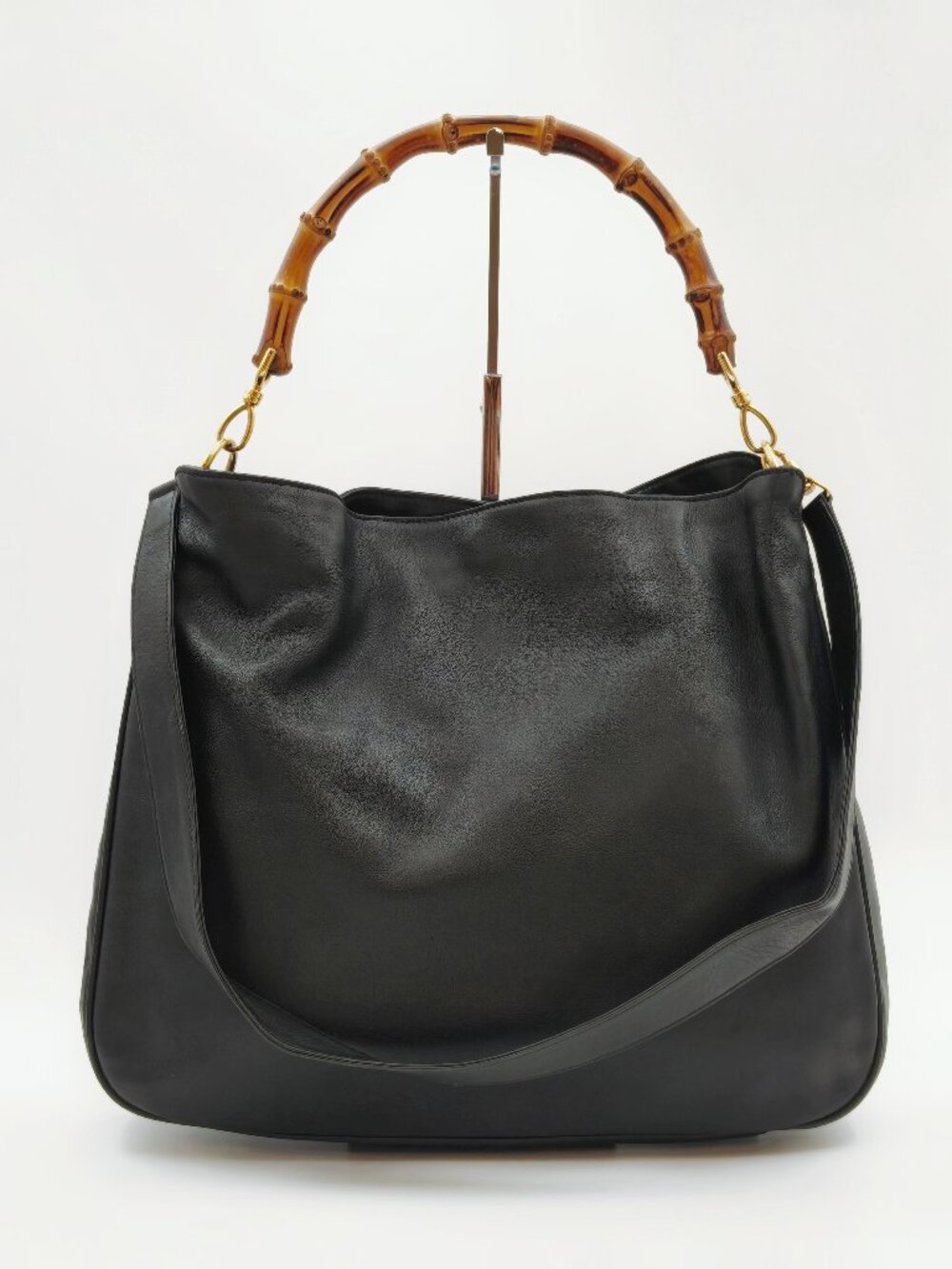 Vintage Gucci Bamboo Handle Black Leather Shoulder Bag Tote